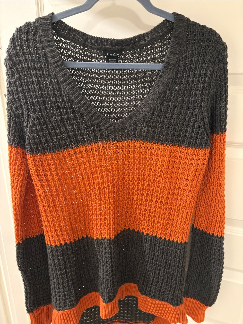Rue21 Women's V-Neck Striped Sweater — Orange and Charcoal